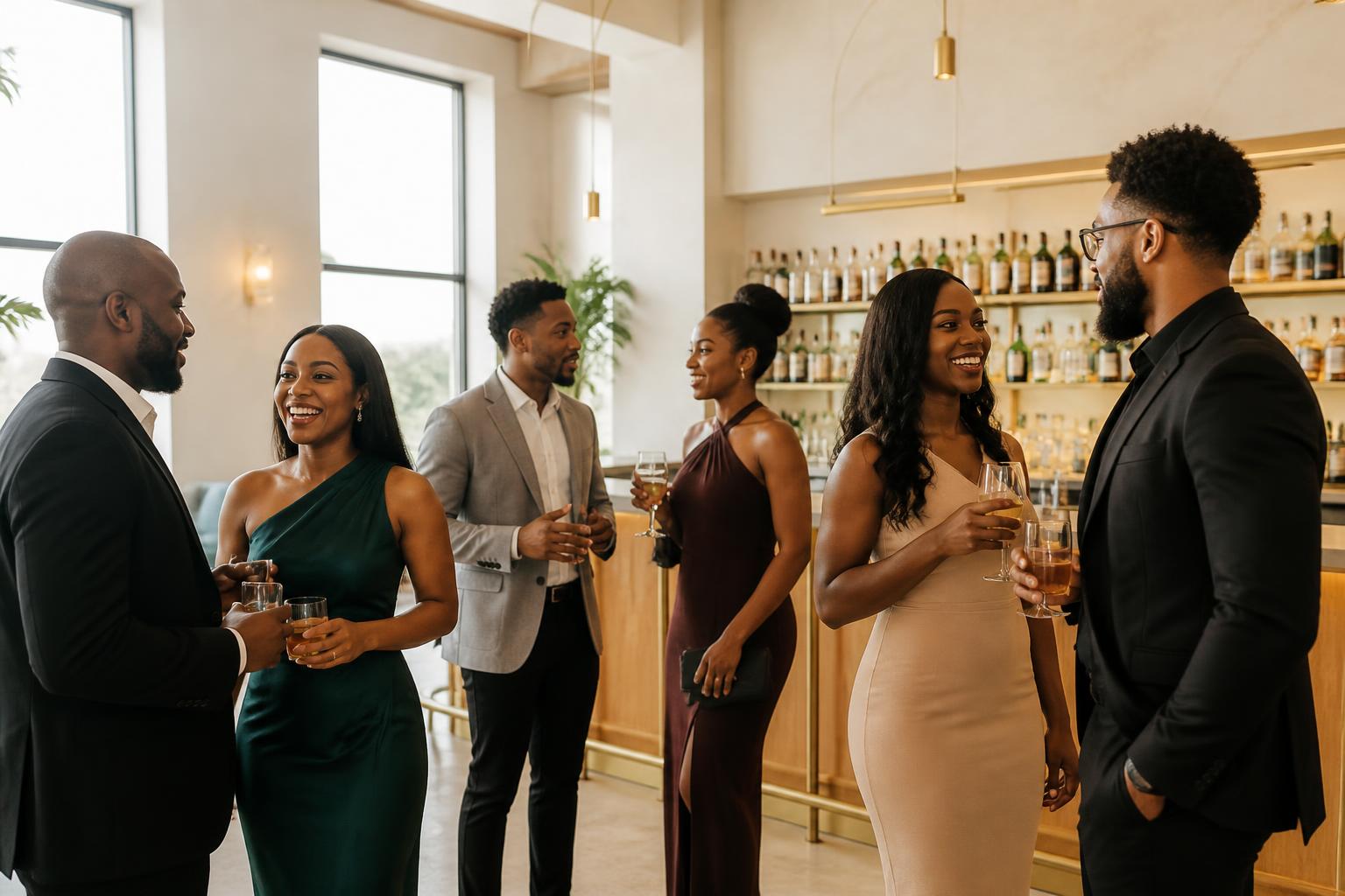 Guests in cocktail attire smiling and talking beside the light oak bar with brass trim in the venue lounge