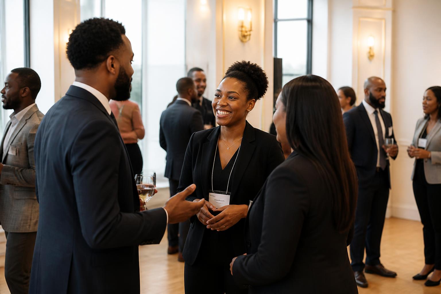 Professionals in business attire networking and smiling during a daytime reception in the bright event space