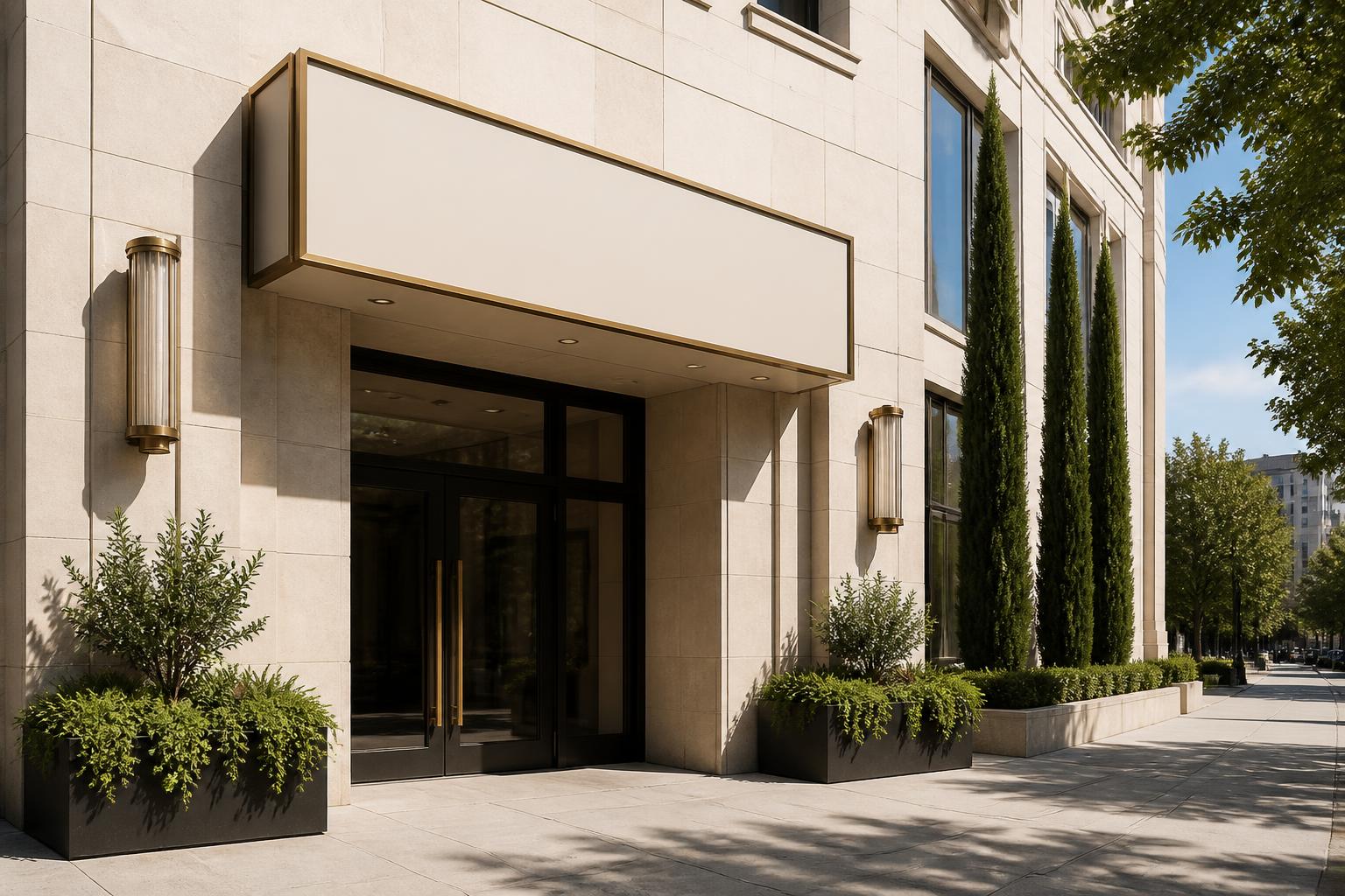Cream limestone building entrance with glass doors, brass handles and planted greenery on a sunny street