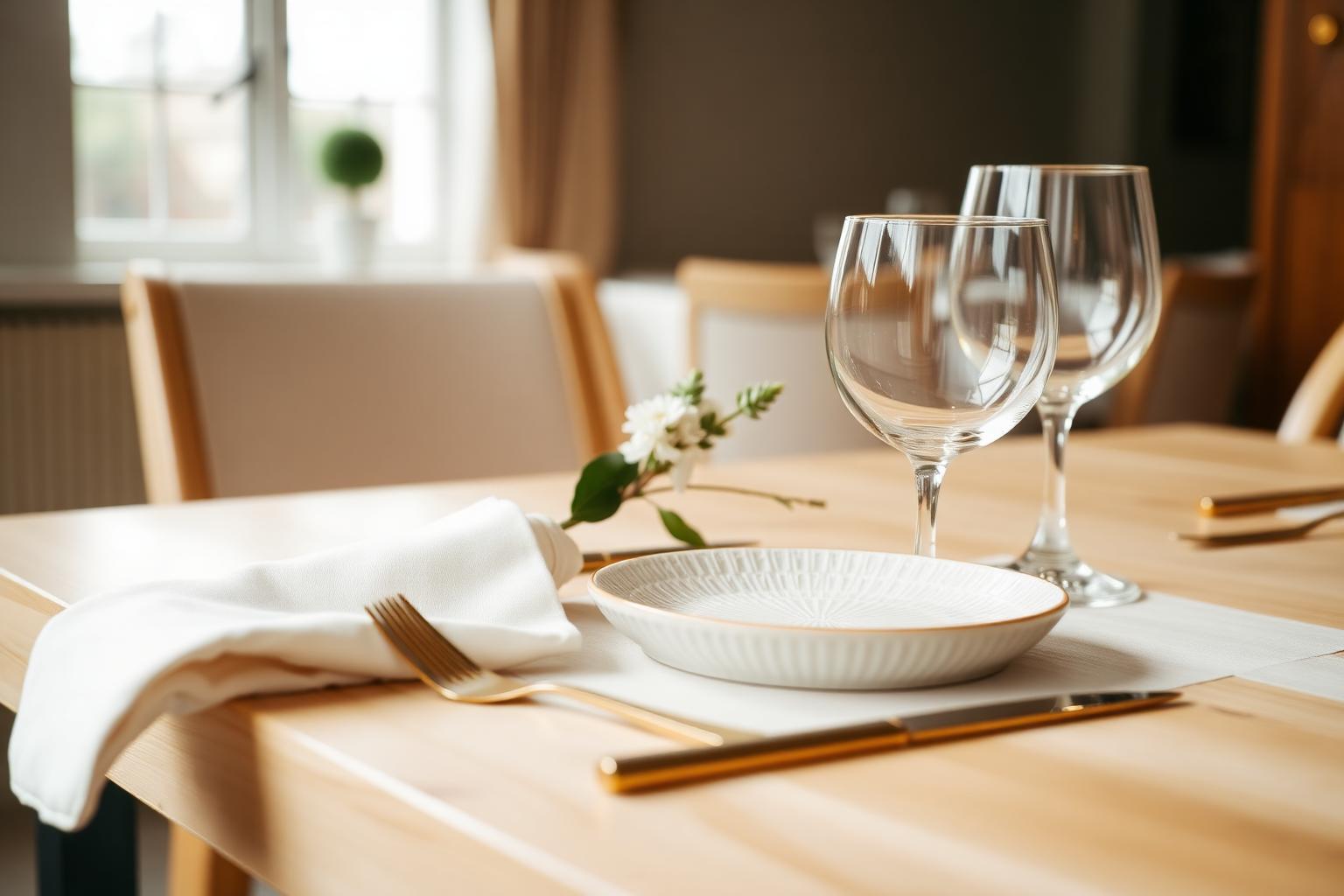 Close view of a styled place setting with cream linen, gold flatware, textured plate and glassware on a light wood table