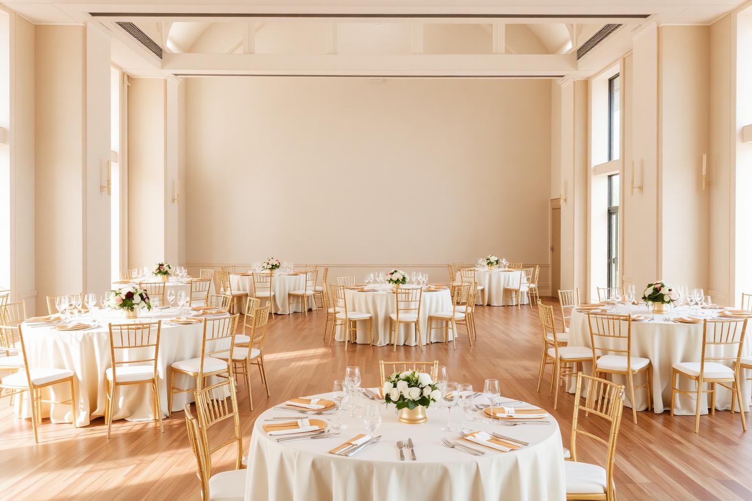 Bright event hall set for a celebration with round tables, cream linens, gold chairs and white floral centerpieces in warm daylight
