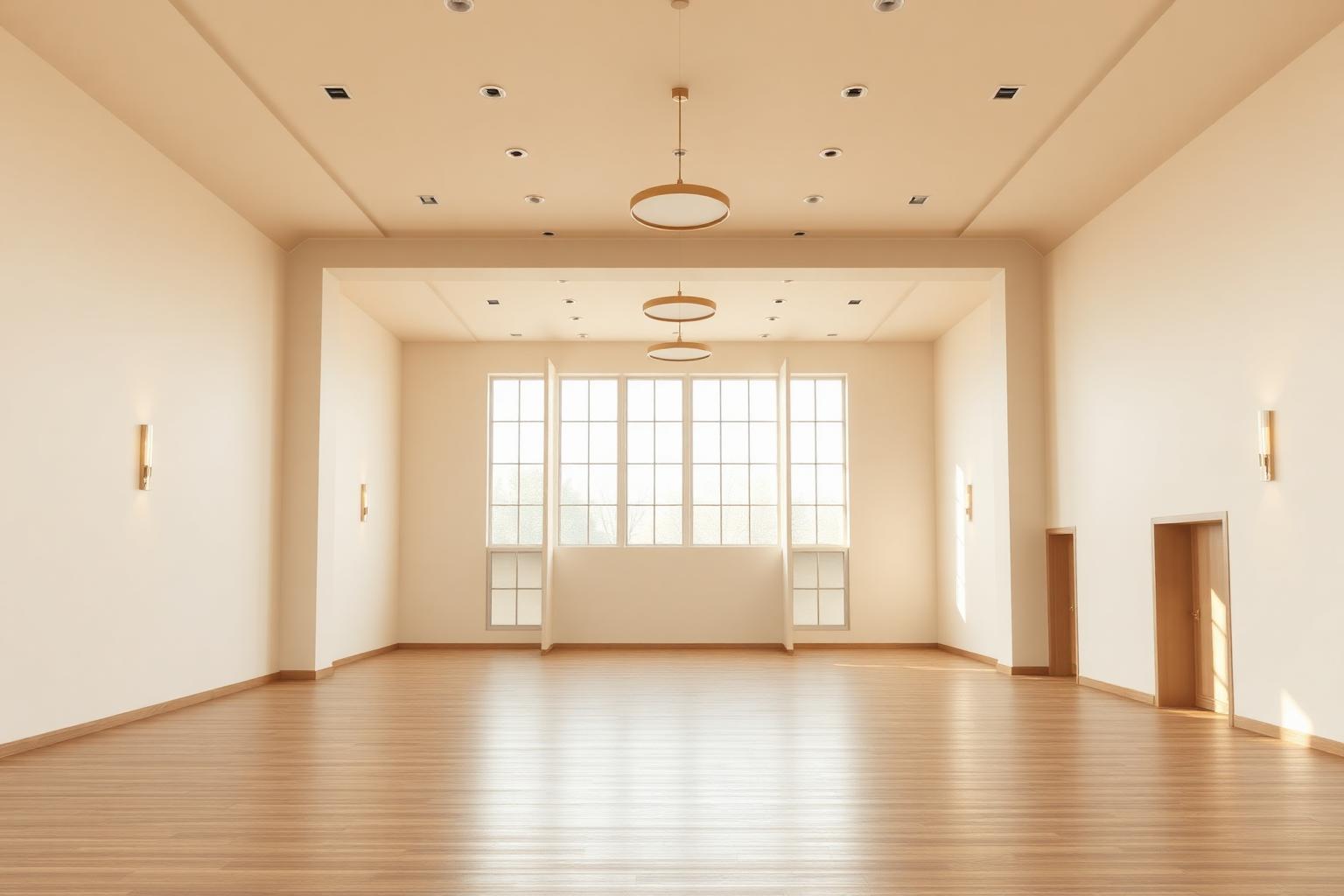 Empty event hall with cream walls, natural oak floors, brass pendant lights and tall daylight windows