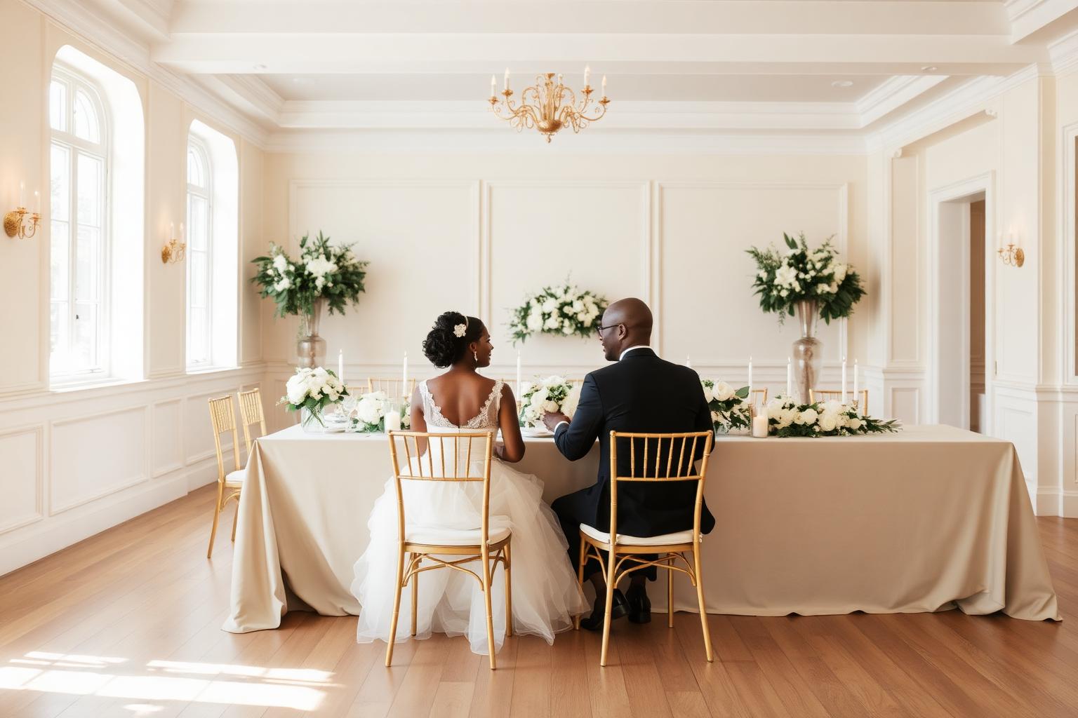 Newlyweds seated at a long head table with white florals and candles in a bright, airy reception room